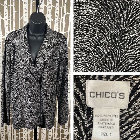 Chico's black and silver metallic tiger print asymmetrical zip front jacket sz 1 - Picture 2 of 16
